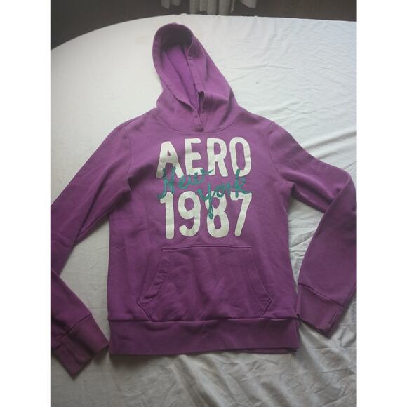 Y2K Vintage Aeropostale Purple Graphic Hoodie Sweatshirt Women Medium Pullover - Picture 1 of 5